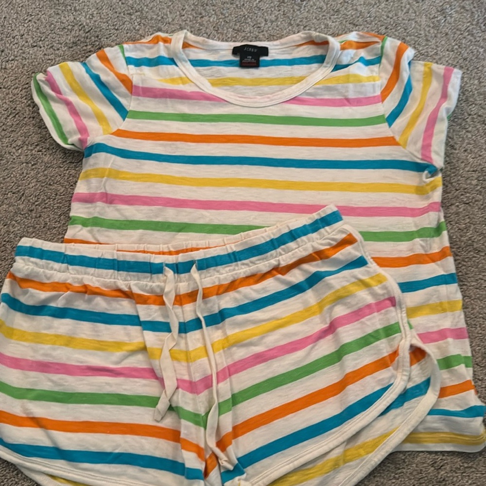 J CREW Rainbow Stripe Short Sleeve 2-PC Knit Pajama Shorts Top Set Size xs